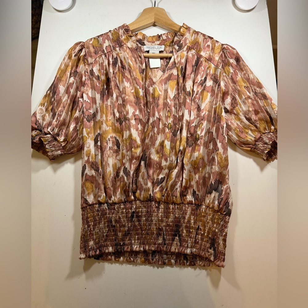 Rachel Zoe Puff Short Sleeved Sheer Brown Gold Blouse S